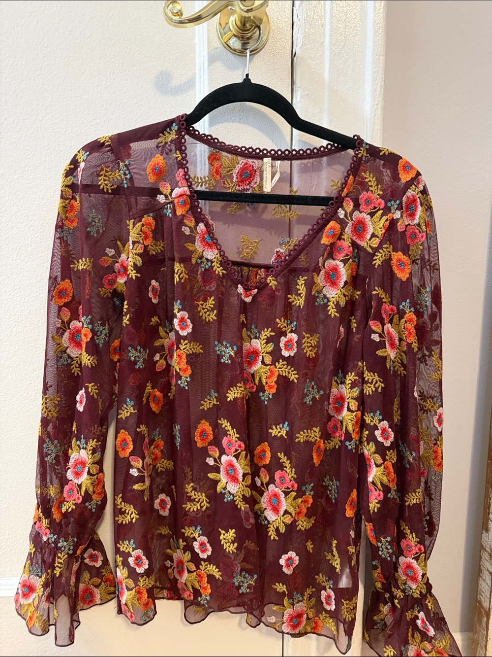 Anthropologie Burgundy Floral Embroidered Sheer Short Sleeve Top